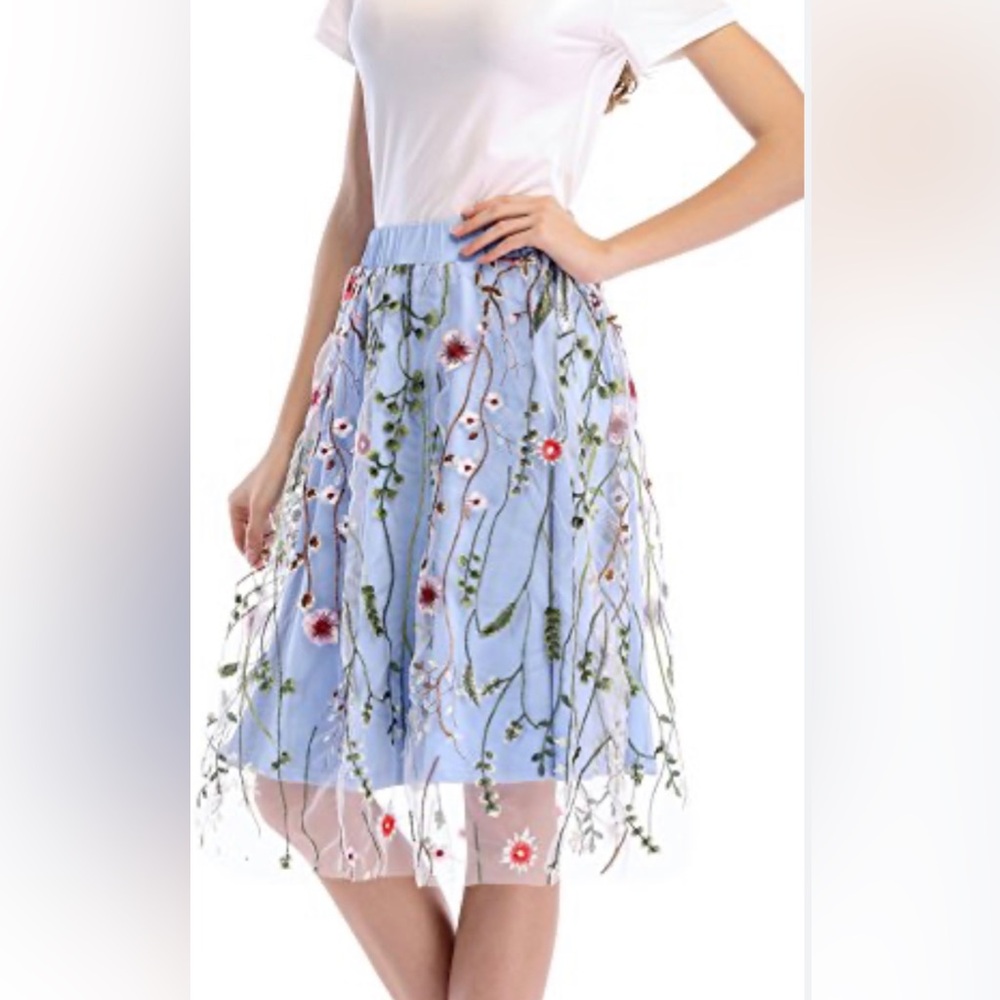 Women's Layered Floral Embroidred Tutu Tulle A-line Midi Skirt Size S
